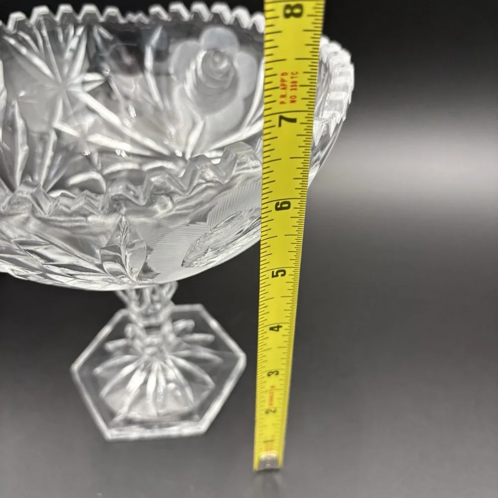 Crystal Cut Glass Pedestal Compote Rose Pattern‎ Scalloped 6 Side Base 7